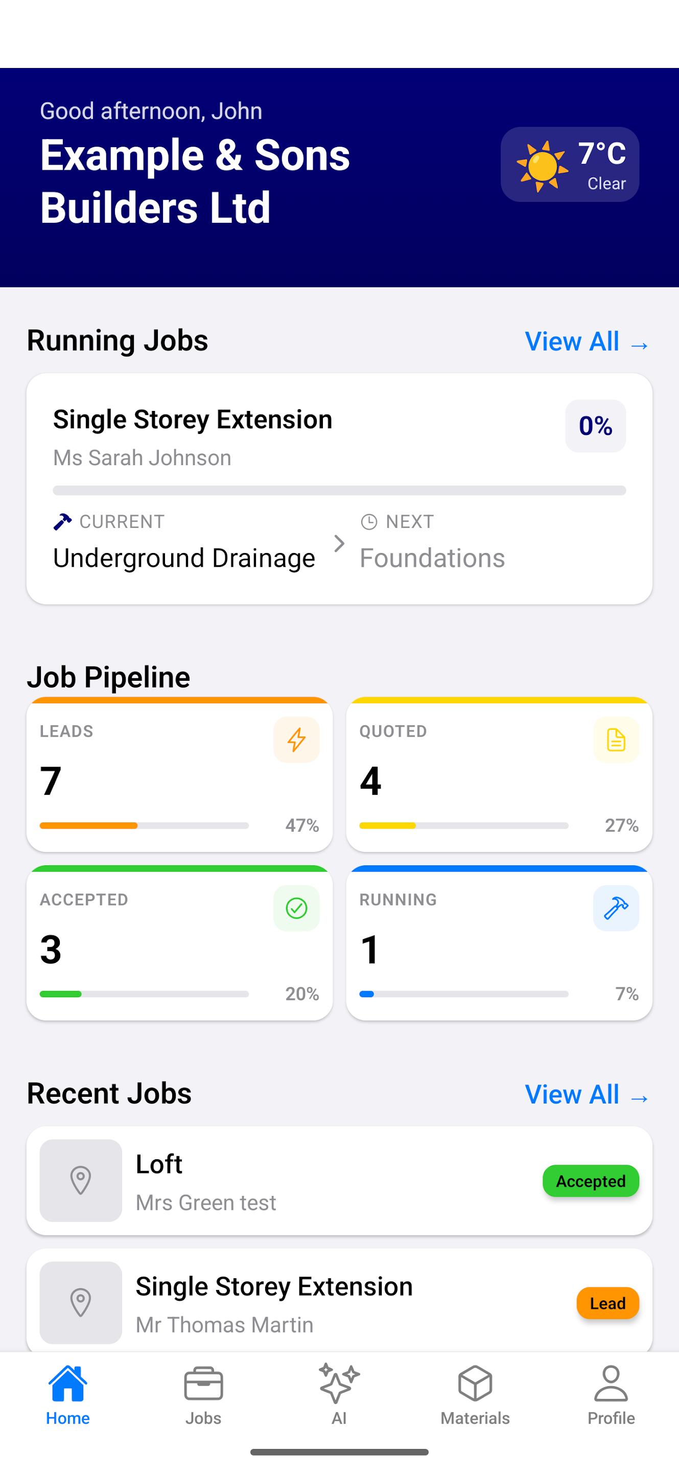 Field Assistant dashboard showing job pipeline and recent jobs