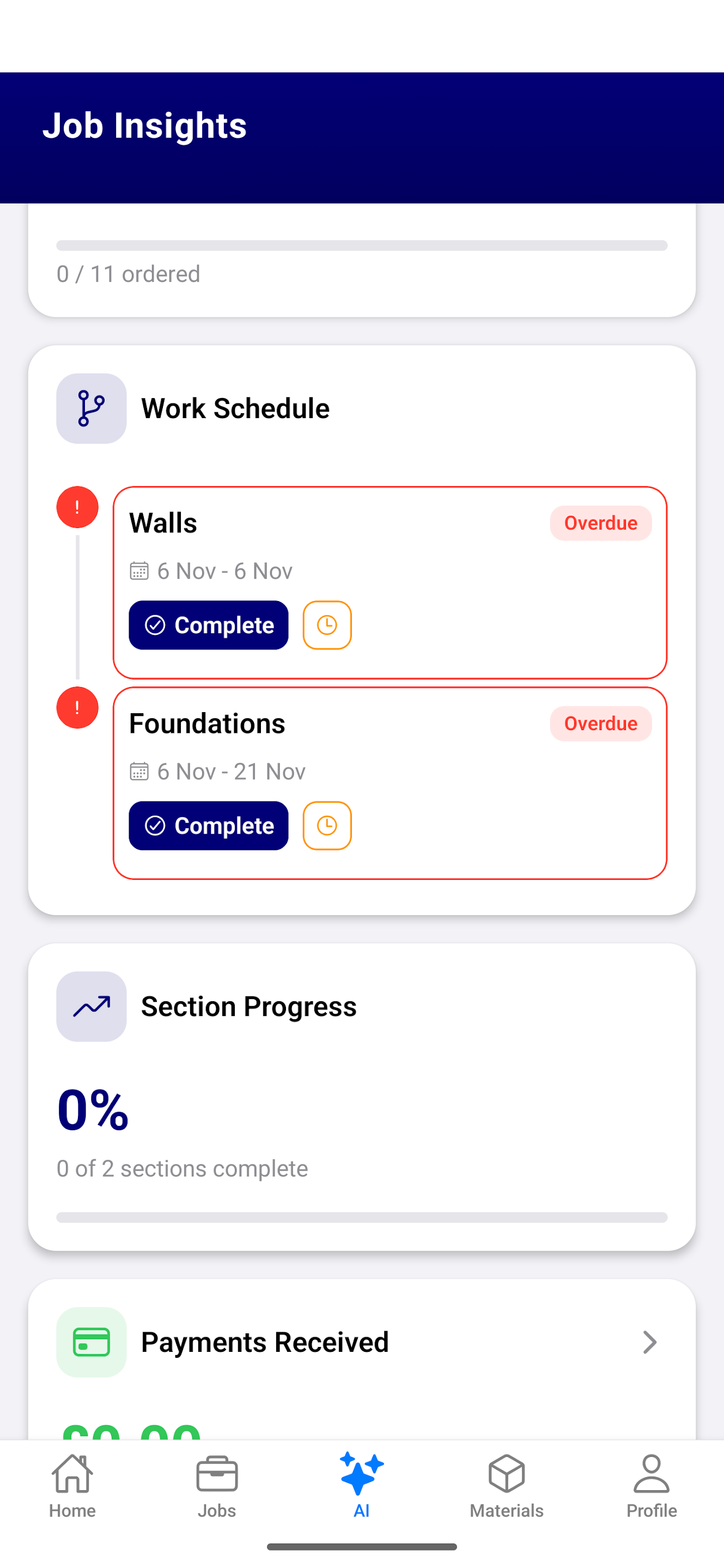 Field Assistant work schedule and section progress tracking